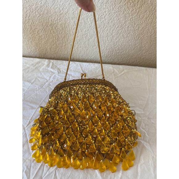 Vtg Richere Bag by Walborg Dangle Beads Sequins Yellow Gold Purse Evening Bag - Picture 2 of 10